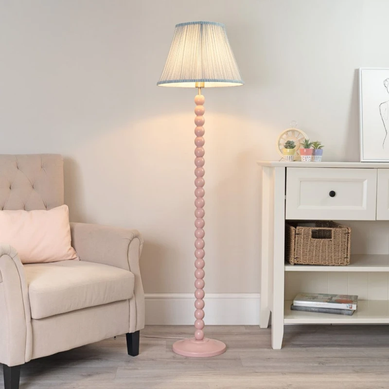 Image of ValueLights Bobbins Painted Rose Pink Floor Lamp with Tapered Fabric Pleated Shade Blue