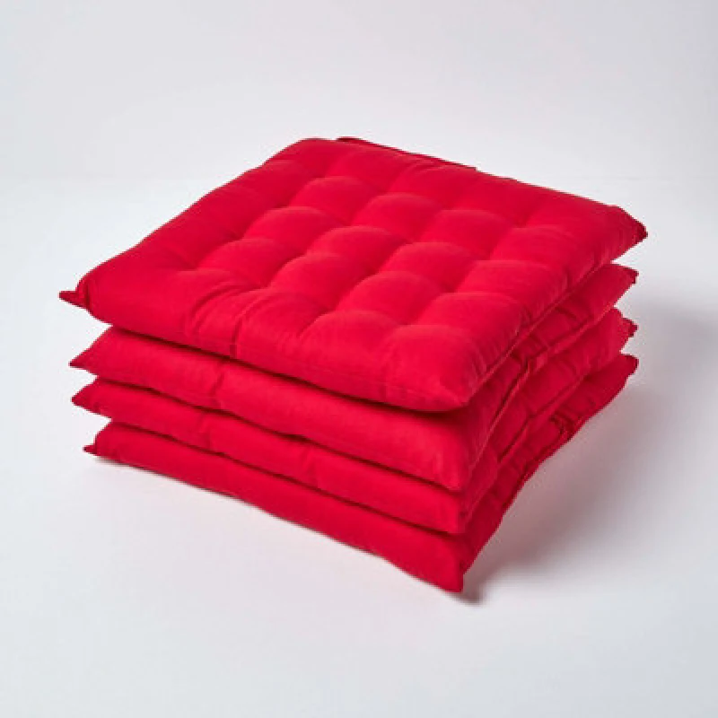 Image of Homescapes Plain Seat Pad with Button Straps, 40 x 40cm, Set of 4 Red