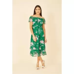 Image of Yumi Green Floral Bardot Midi Dress - Green