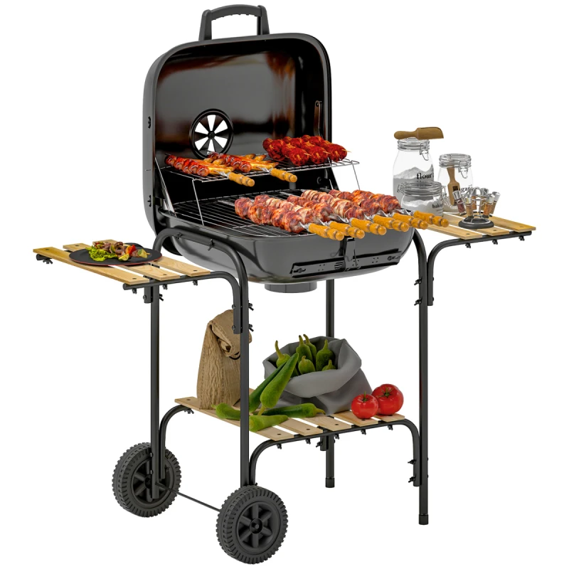 Image of Outsunny Charcoal Barbecue Grill Portable BBQ with Lockable Lid, Vent, Black 846-180V00BK