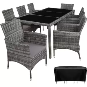 Image of Rattan garden furniture set 8+1 with protective cover - garden tables and chairs, garden furniture set, outdoor table and chairs - mottled grey/grey