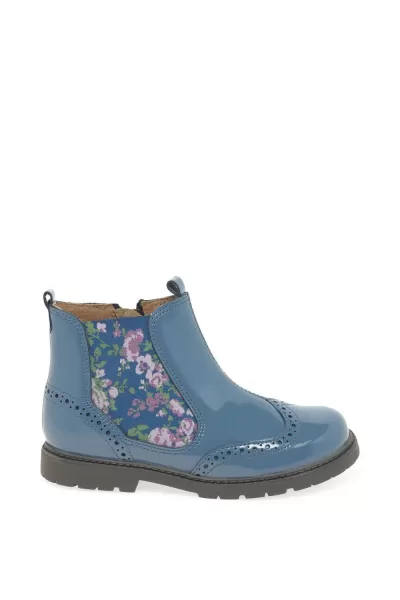 Image of Start-rite Chelsea Blue Patent Leather Floral Girls Zip Up Pull on Boots, Blue, Size 6.5 Younger