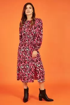 Image of Pink Animal Print Long Sleeve Ruched Midi Dress