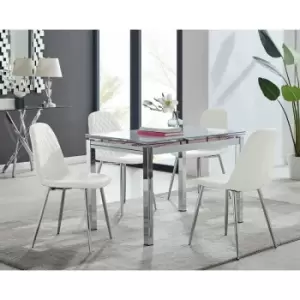 Image of Enna White Glass Extending Dining Table and 4 White Corona Faux Leather Dining Chairs with Silver Legs Diamond Stitch - White