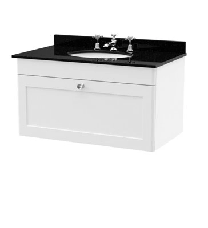 Image of NUIE Nuie Classique Satin White 800mm Wall Hung Single Drawer Vanity Unit with Black Marble Countertop and Round Basin with 3 Tap Holes - CLC196BR3 CL