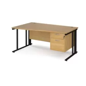 Image of Office Desk Left Hand Wave Desk 1600mm With Pedestal Oak Top With Black Frame Maestro 25 MCM16WLP2KO
