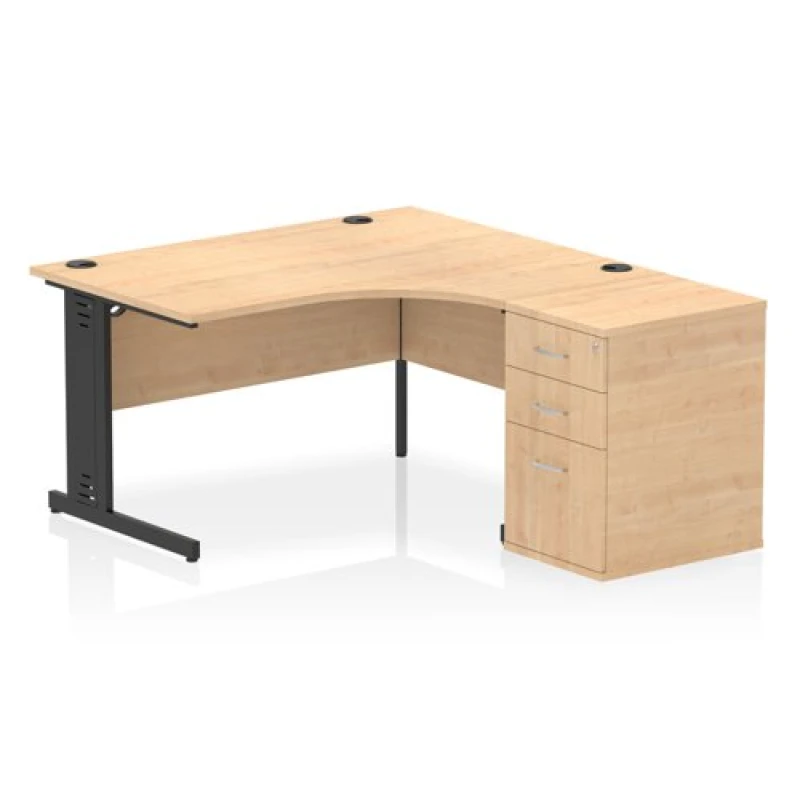 Image of Impulse Impulse 1400mm Right Crescent Office Desk Maple Top Black Cable Managed Leg Workstation 600 Deep Desk High Pedestal IWSRC146BCMMPE