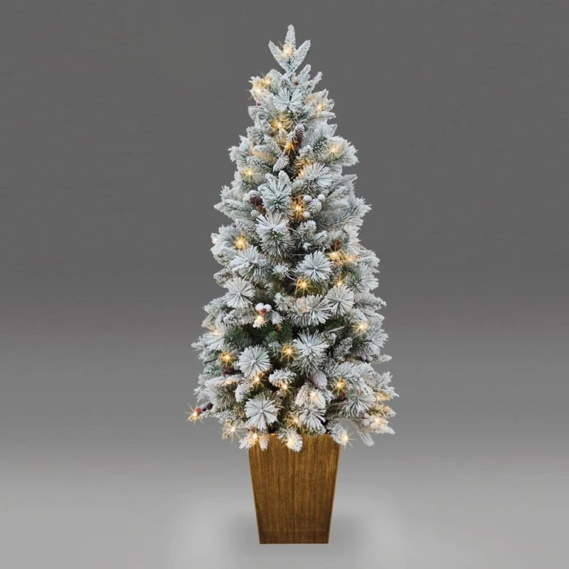 Image of Shatchi Pre Lit Potted Snow Flocked Christmas Tree with Pine Cones & Red Berries Snowy Tips 80-100 Warm White LED Lights Size: 5ft White Unisex 5ft