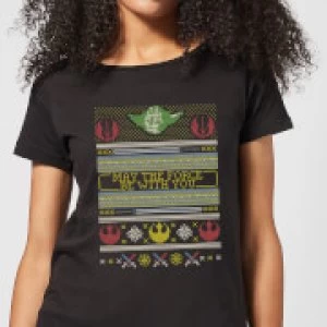 Image of Star Wars May The force Be with You Pattern Womens Christmas T-Shirt - Black