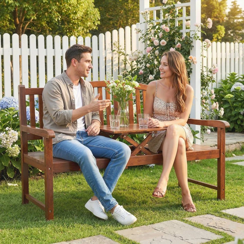 Image of OUTSUNNY Wood Garden Loveseat Bench with Liftable Table, Cover, Light Brown Light Brown Unisex