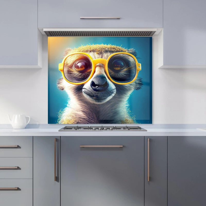 Image of Warren Reed - Designer Meerkat With Glasses Splashart Kitchen Splashback in Yellow Size: 700mm x 650mm Yellow Unisex 700mm x 650mm