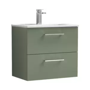 Image of Arno Satin Green 600mm Wall Hung 2 Drawer Vanity Unit with 18mm Profile Basin - ARN824B - Satin Green - Nuie