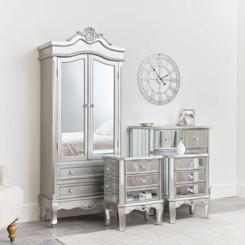 Image of Melody Maison Mirrored Closet, Chest Of Drawers & Pair Of 3 Drawer Bedsides - Tiffany Range Metallic Silver