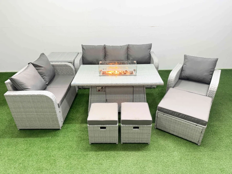 Image of Fimous Patio PE Wicker 9 Seater Outdoor Rattan Furniture Sofa Sets with Firepit Dining Table Reclining Chair Loveseat Sofa 3 Seater Sofa Stool Side Ta