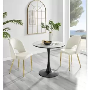 Image of Furniturebox Elina White Marble Effect Modern 80cm Round Dining Table & 2 Cream Arlon Gold Leg Velvet Chairs