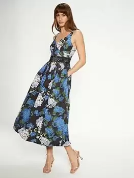 Image of Oasis Floral Printed Lace Detail Midi Dress - Blue Size 10, Women