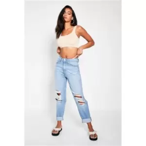 Image of I Saw It First Light Wash Distressed Knee Roll Hem Mom Jeans - Blue