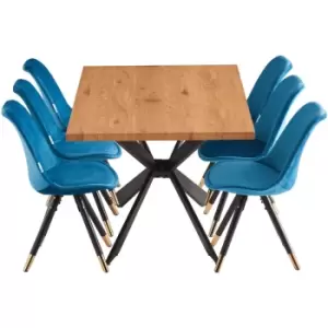 Image of 7 Pieces Life Interiors Sofia Duke Dining Set - an Oak Rectangular Dining Table and Set of 6 Blue Dining Chairs - Blue