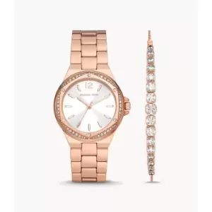 Image of Michael Kors Womens Lennox Three-Hand Rose Gold-Tone Stainless Steel Watch And Sterling Bracelet Set - Rose Gold