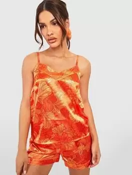 Image of Boohoo Floral Satin Cami, Short & Scrunchie Pj Set - Orange, Size 10, Women