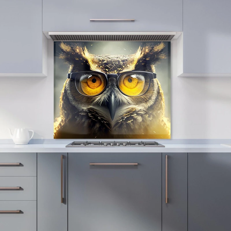 Image of Warren Reed - Designer Owl With Glasses Splashart Kitchen Splashback in Yellow Size: 700mm x 650mm Yellow Unisex 700mm x 650mm