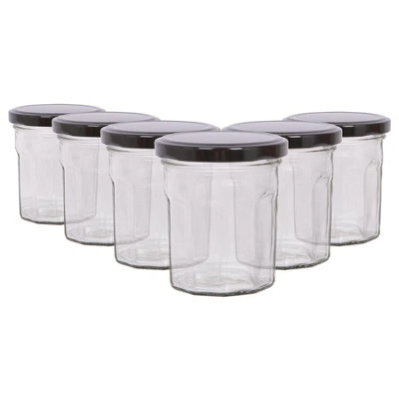 Image of Argon Tableware Glass Jam Jars With Black Lids - 150ml - Pack Of 6