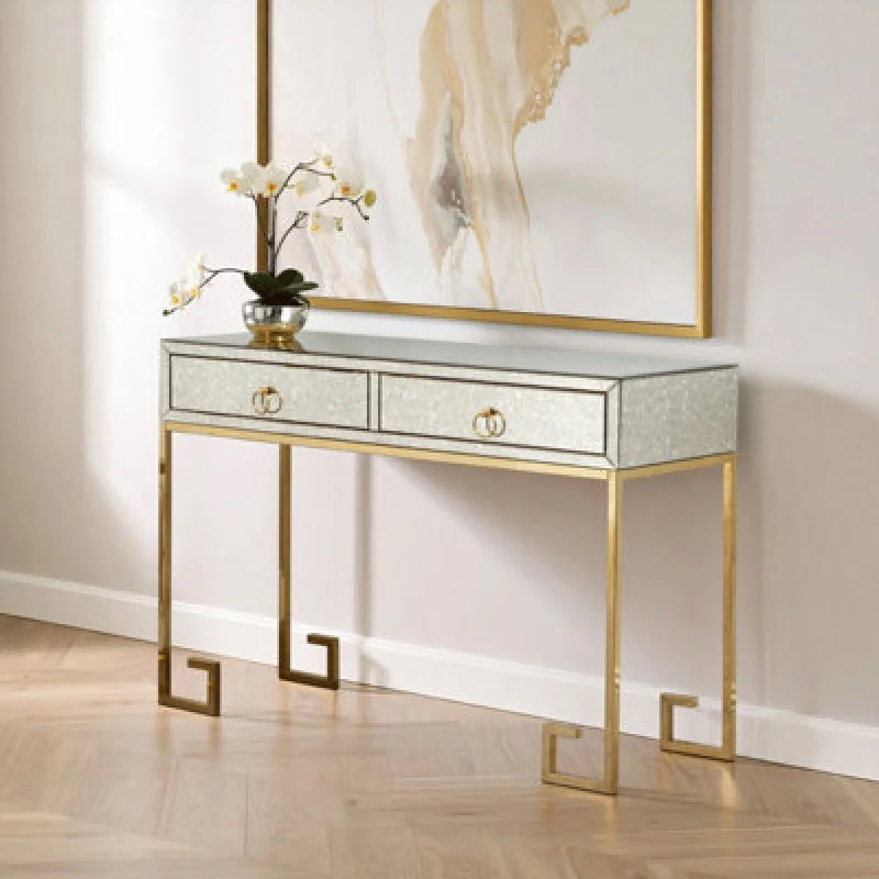 Image of Orsina Luxurious Gold Finish Console Table With Two Drawers, Antique Glass Console Table, Spacious Decorative Table