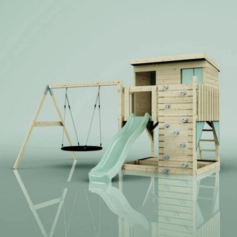 Image of Polarplay Garden Climbing Platform And Playhouse With Single Swing For Kids - Nils Nest Mint Green