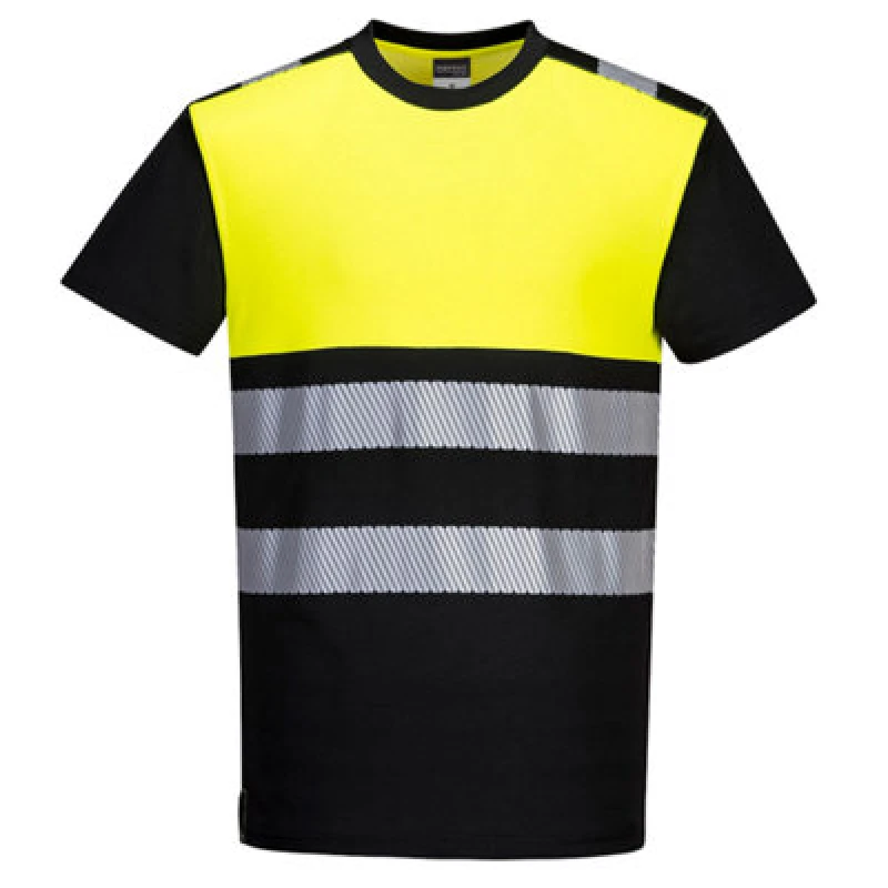 Image of Portwest PW3 Hi Vis Cotton Comfort Class 1 Short Sleeve T Shirt PW311BKYL Colour: Black / Yellow