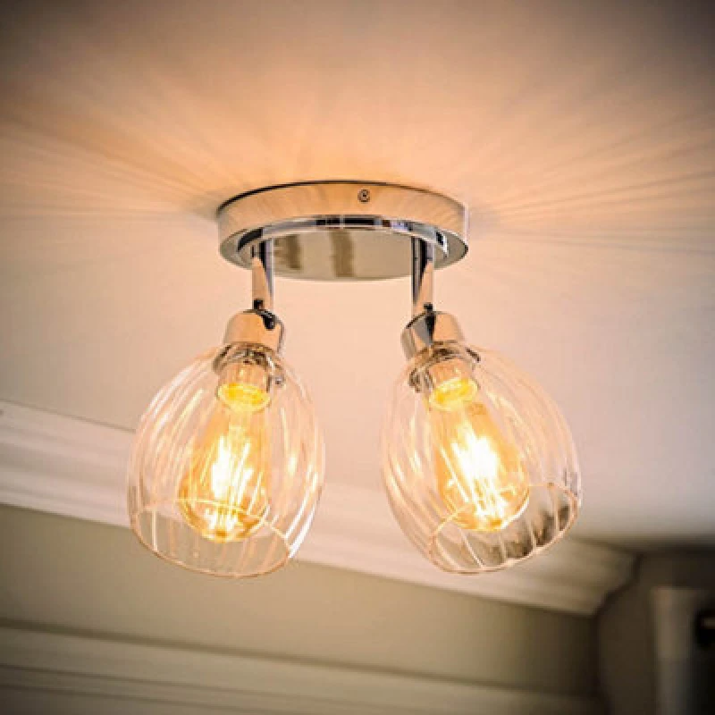 Image of ValueLights ValueLights Cheltenham 2 Way Ribbed Glass Spotlight Flush Ceiling Light and Bulbs in Metallic Silver Metallic Silver One Size Unisex 50594