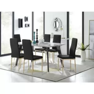 Image of Furniturebox UK - Furniturebox Andria Black Leg Marble Effect Dining Table and 6 Black Velvet Milan Dining Chairs With Gold Legs