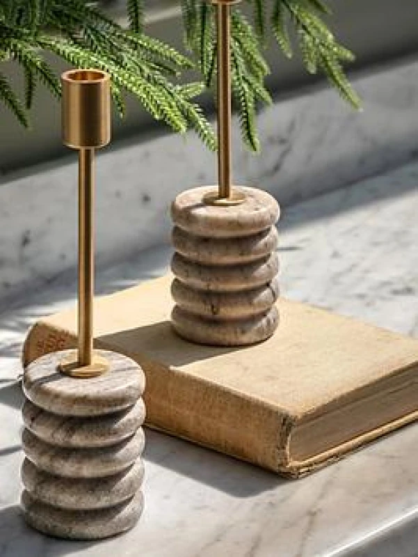 Image of Crossland Grove Marble & Gold Candle Holders - Set Of 2, Cream 5061090000000