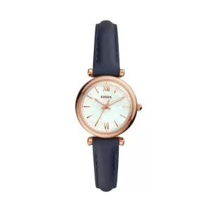 Image of Fossil Womens Carlie Mini Three-Hand Navy Leather Watch - Blue