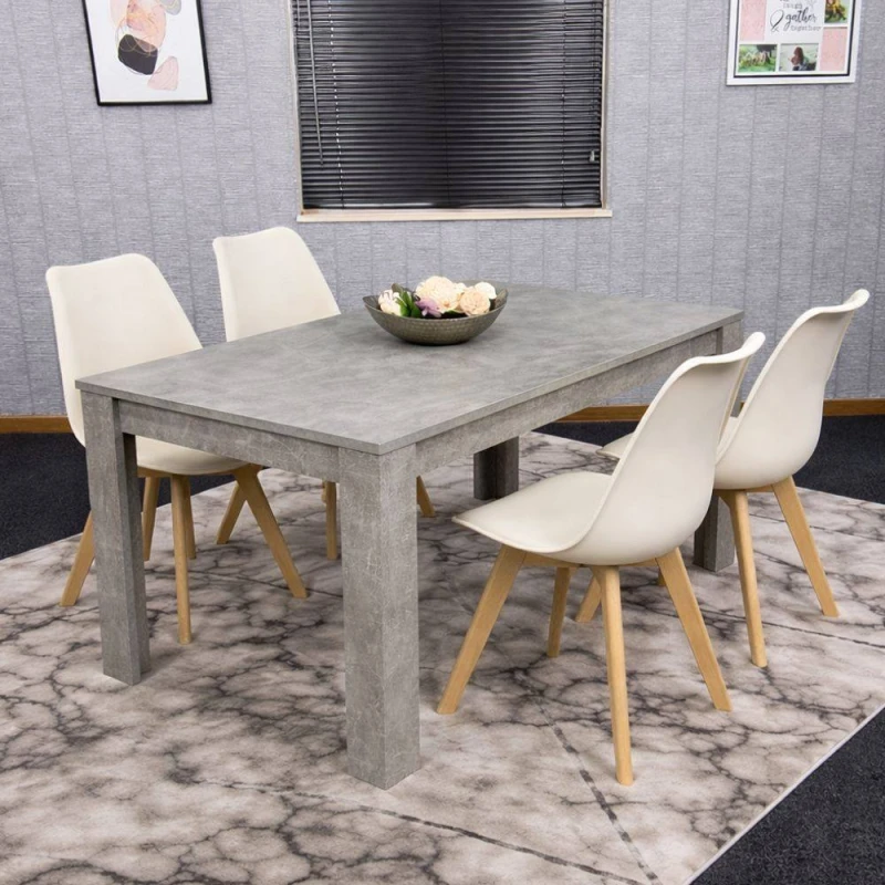 Image of Kosy Koala Stone Grey Effect Wood Dining Table Set With 4 Cream Plastic Chairs Modern Dining Room Furniture