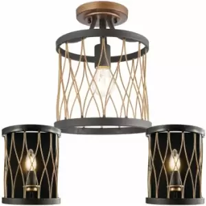 Image of Ceiling Lamp & 2x Matching Wall Light Bronze Matt Black Metal Vintage Bulb Cage