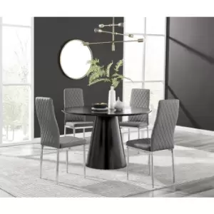 Image of Furniturebox Palma Black Semi Gloss 120cm Round Minimalist Dining Table & 4 Grey Milan Chrome Leg Chairs