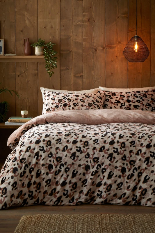 Image of Fusion Cosy Leopard Flannel Fleece Duvet Cover Bedding Set Natural