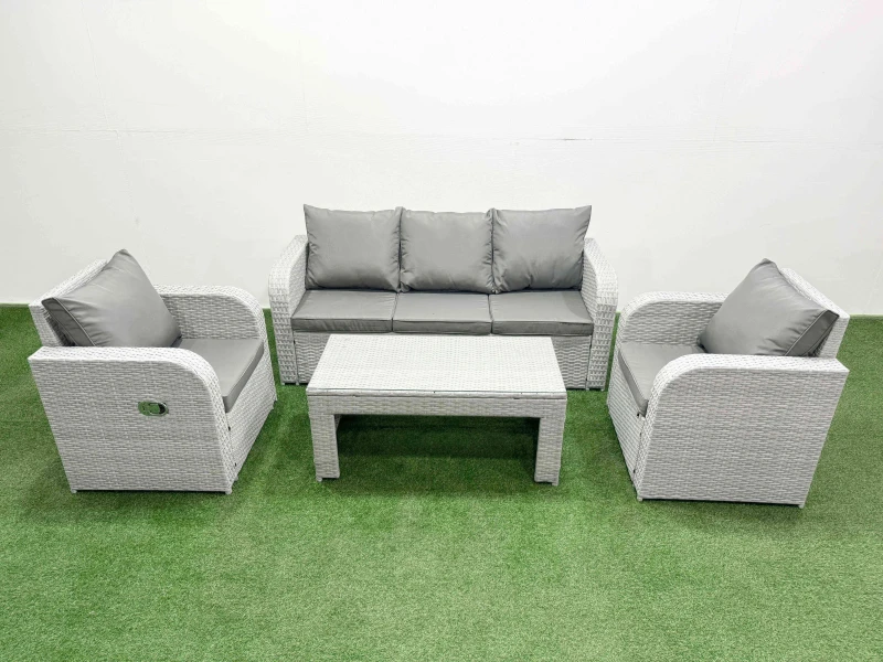 Image of Fimous PE Rattan Garden Furniture Set Reclining Chair Sofa Lounge Sofa Set Rectangular Coffee Table Light Grey Light Grey