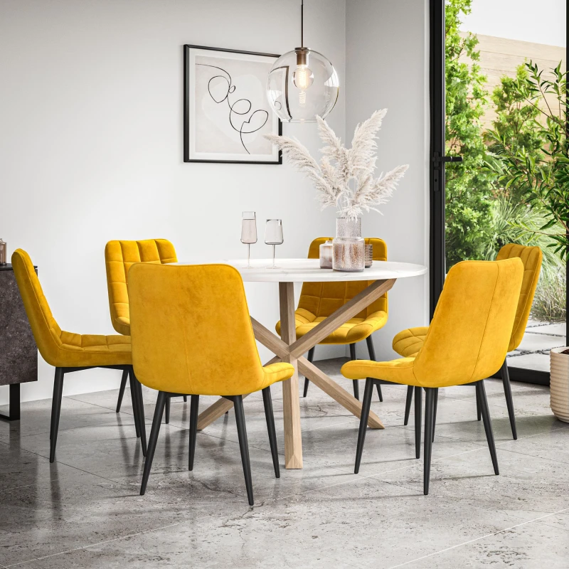 Image of More4Homes Malvern Round Dining Table And Chairs - Marble Table Top W Solid Oak Legs + Nova Velvet Dining Chair Set Of 6 (Mustard)