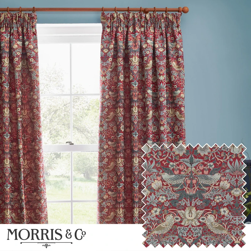 Image of Morris & Co Morris & Co Strawberry Thief Jacquard Jacquard Floral Room Darkening Pencil Pleat Curtains in Red Size: 168cm width x 183cm drop Red 168