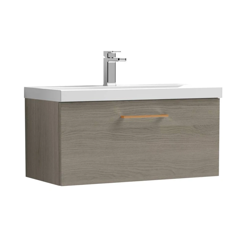 Image of Balterley 800mm Wall Hung 1 Drawer Vanity Basin Unit, Mid Oak, Copper Handle in Brown Brown Unisex