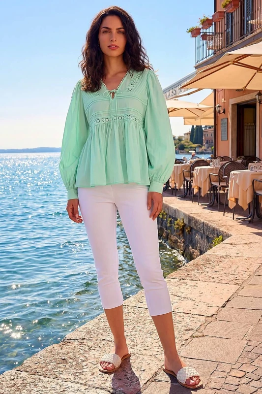 Image of Dusk Womens Cotton Lace Pintuck Top in Mint Size: 18 Mint Female 18