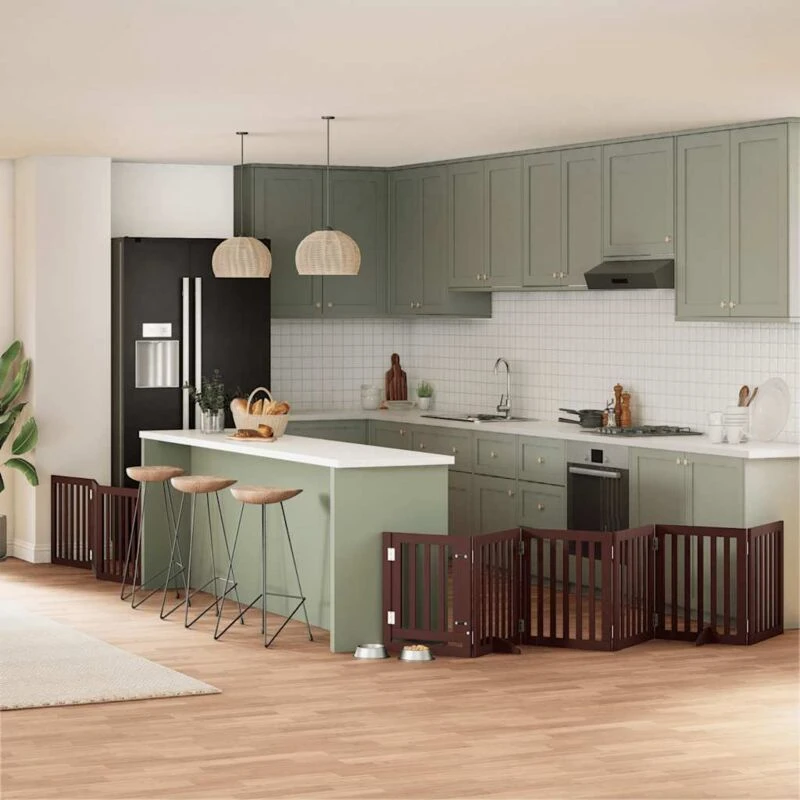 Image of vidaXL Dog Gate with Door Foldable 9 Panels Brown 450cm Poplar Wood, Brown 3155659