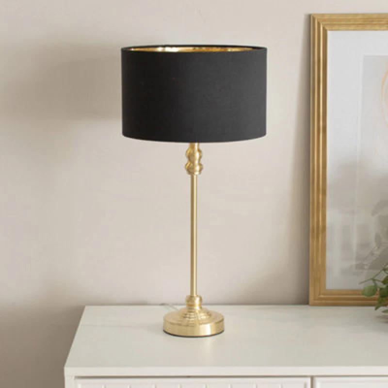 Image of ValueLights ValueLights Maggie Gold Candlestick Table Lamp with Fabric Drum with Gold Inner Lamp Shade in Black One Size Unisex 5059406061820