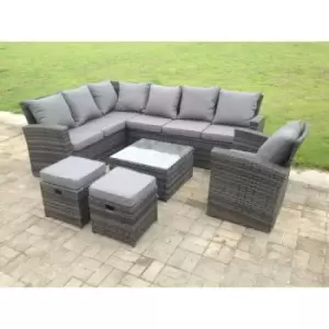 Image of Fimous 7 Seater Outdoor Dark Grey Rattan Lounge Complete Sofa Set Left Side with Square Coffee Table and 2 Stools