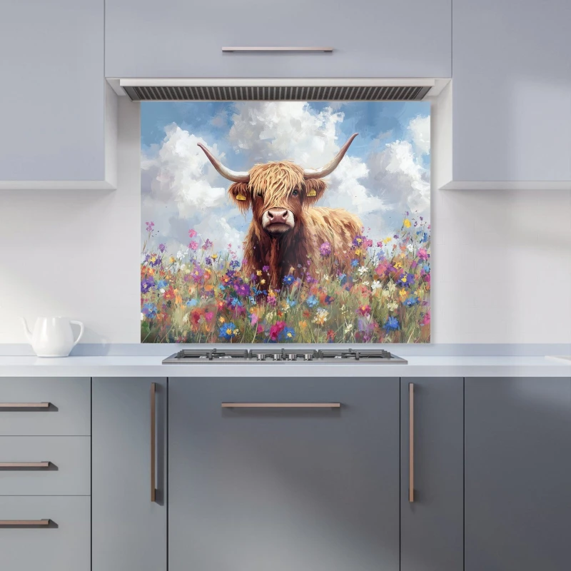 Image of Warren Reed - Designer Highland Cow In A Summer Meadow Kitchen Splashback Size: 900mm x 750mm Multicolor Unisex 900mm x 750mm