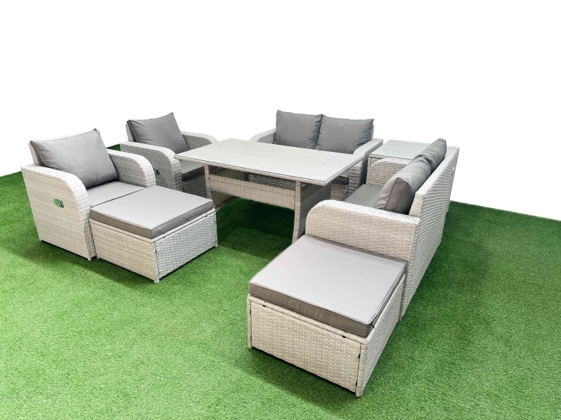 Image of Fimous 8 Seater Outdoor Reclining Chair Love Sofa Set Rattan Garden Furniture Set with Rectangular Dining Table 2 Big FootStools Side Table Light Gre