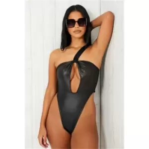 Image of I Saw It First Black High Shine Plunge High Leg Swimsuit - Black