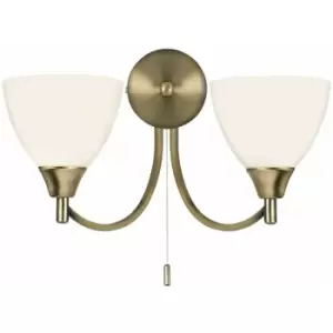 Image of Dimmable LED Twin Wall Light Antique Brass & Frosted Glass Curved Lamp Lighting