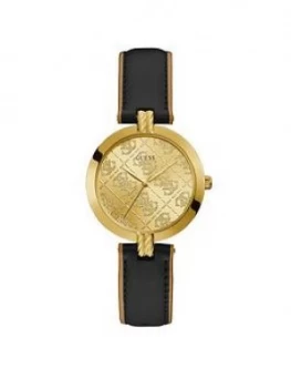 Image of Guess Guess G Luxe Gold Logo Dial Black Leather Strap Watch